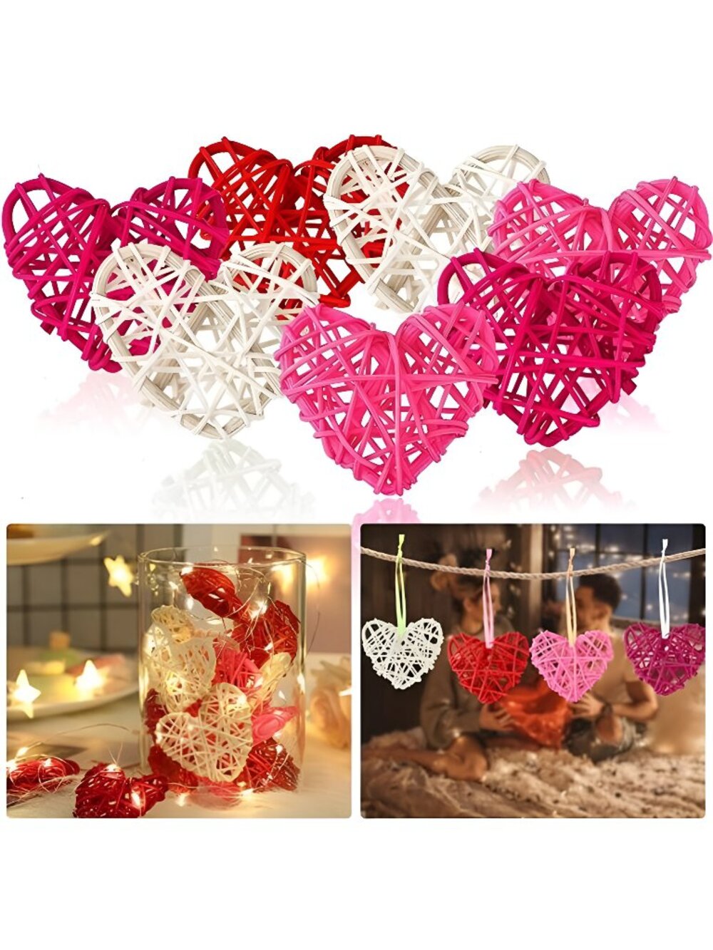 16pcs Valentine's Day Heart Rattan Wicker Balls Heart Shape Hanging Ornaments